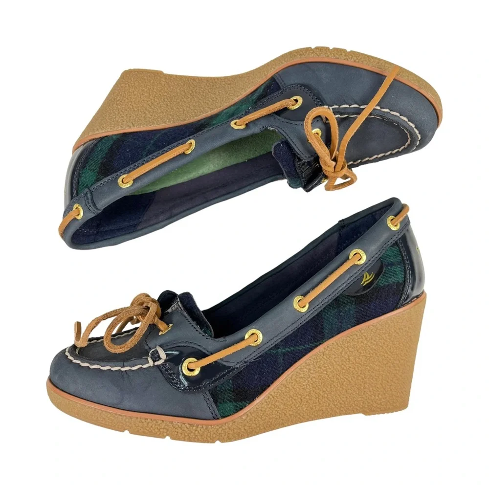Sperry Top-Sider | Goldfish Navy & Green Plaid Wedge Heels Boat Shoes Women’s 6M